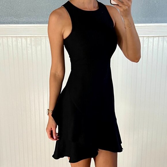 Banana Republic Black Fit Flare RacerBack Faux Wrap Ruffle Sleeveless Dress 0 - Picture 3 of 10